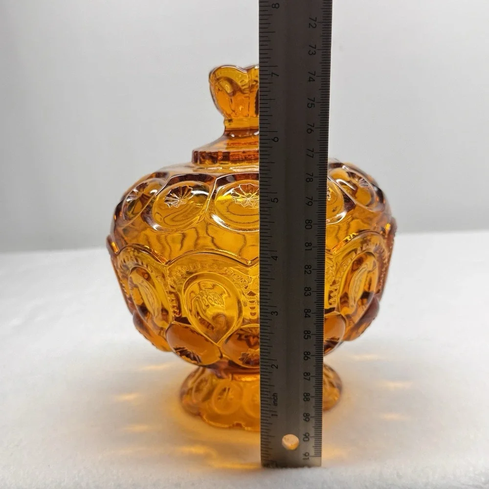 L.E. Smith Candy Dish Amber Vintage Moon and Star Glass Pedestal Lidded MCM Bowl